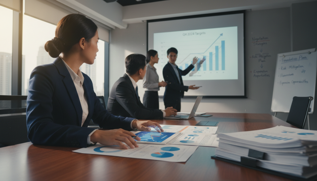 A business professional, dressed in smart attire, sits at a sleek conference table surrounded by charts, graphs, and market analysis reports. The foreground features a digital tablet displaying analytical data, with vibrant colors highlighting trends. In the middle ground, colleagues engage in discussions, analyzing visual presentations projected onto a screen, while a whiteboard showcases key strategies. The background reveals a modern office setting with large windows, letting in soft natural light, casting an inviting glow over the scene. The atmosphere is focused and collaborative, conveying a sense of urgency and preparation. The image should capture the essence of market research in a professional decision-making environment, emphasizing the importance of risk assessment and negotiation strategies.