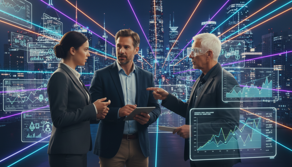 A bustling digital marketplace depicted in a futuristic style, representing crypto transactions without a middleman. In the foreground, a diverse group of three professional individuals – a young woman in a sleek business suit, a middle-aged man in a smart casual outfit, and an older person wearing modern tech gear – engage in a dynamic conversation about blockchain technology. The middle layer showcases digital screens displaying cryptocurrency charts and algorithms, glowing with blue and green hues. The background reveals a city skyline illuminated with neon lights, symbolizing technological advancement. Soft yet focused lighting highlights the characters and screens, imparting a confident and optimistic atmosphere, capturing the essence of direct peer-to-peer transactions in the crypto space.