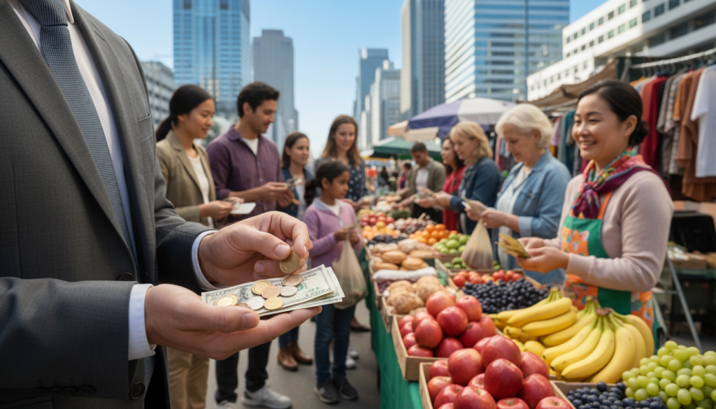 A busy urban street scene depicting a cash-based coin transaction, focusing on a professional-looking individual in business attire, holding a handful of shiny coins and banknotes. In the foreground, the person's hands are clearly visible as they exchange coins with a vendor at a small, vibrant market stall, showcasing a variety of colorful fruits. The middle ground captures the bustling atmosphere of the market, with diverse people engaging in similar transactions and shopping for goods. In the background, tall city buildings rise under a clear blue sky, highlighting the contrast between commerce and everyday urban life. The scene is well-lit with soft, natural daylight, creating an inviting atmosphere that emphasizes the importance of cash transactions in daily life. A busy urban street scene depicting a cash-based coin transaction, focusing on a professional-looking individual in business attire, holding a handful of shiny coins and banknotes. In the foreground, the person's hands are clearly visible as they exchange coins with a vendor at a small, vibrant market stall, showcasing a variety of colorful fruits. The middle ground captures the bustling atmosphere of the market, with diverse people engaging in similar transactions and shopping for goods. In the background, tall city buildings rise under a clear blue sky, highlighting the contrast between commerce and everyday urban life. The scene is well-lit with soft, natural daylight, creating an inviting atmosphere that emphasizes the importance of cash transactions in daily life.