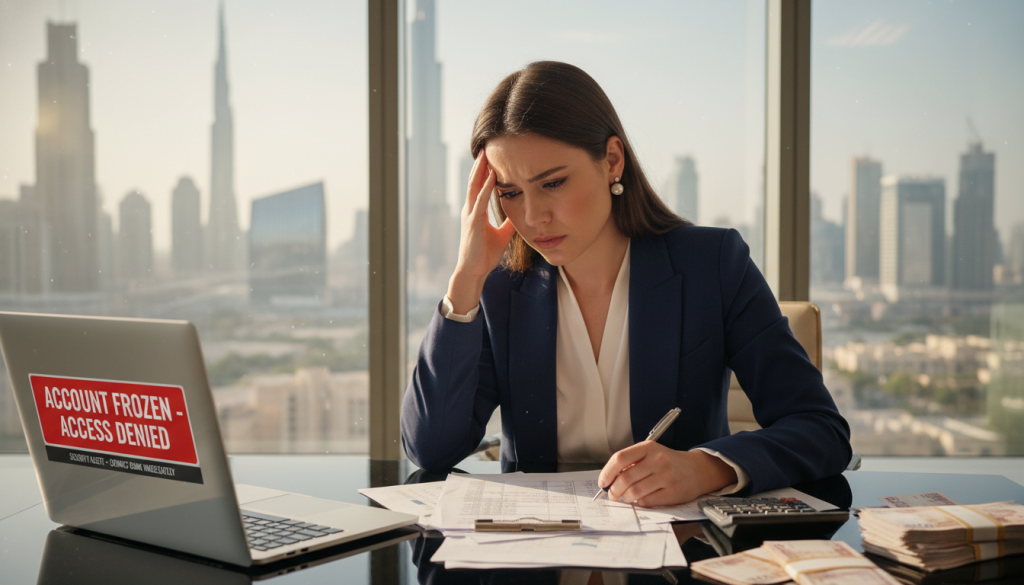 A close-up scene of a professional woman in business attire, sitting at a sleek, modern desk in an office setting, looking concerned while reviewing financial documents spread out before her. In the foreground, a laptop screen displays a message indicating a bank account freeze, symbolizing restricted access to funds. The middle layer features stacks of currency notes and a calculator, emphasizing financial calculations and risks. The background shows a large window revealing a city skyline of the UAE, with sunlight streaming in, casting a warm glow that contrasts with the tense expression of the woman. The atmosphere is one of urgency and caution, focusing on the implications of frozen bank accounts. Soft, natural lighting enhances the professional ambiance, creating a sense of seriousness and introspection.