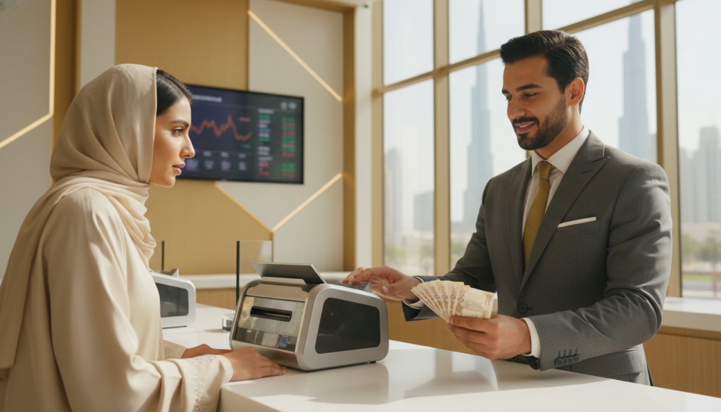 A close-up view of a modern bank cashier’s desk in the United Arab Emirates, featuring sparkling UAE currency notes and a sleek cash deposit machine, symbolizing financial transactions. In the foreground, a professional-looking banker in business attire assists a customer, who appears curious and engaged. The middle ground showcases a stylish, contemporary bank interior, with gold and cream colors, detailed architectural elements, and digital displays of interest rates. In the background, large windows reveal a glimpse of the Dubai skyline under bright natural lighting, enhancing the sense of wealth and opportunity. The atmosphere is vibrant yet serious, reflecting both the advantages and risks associated with cash deposits in the UAE. The angle is slightly elevated, focusing on the interaction between the banker and the customer, capturing the essence of financial security and professionalism.