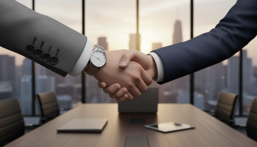 A close-up view of two hands shaking in a soft-focus foreground, symbolizing trust in private transactions. The hands should be depicted in professional attire, with a subtle light glinting off a wristwatch on one hand. In the middle ground, a blurred image of a modern office setting showcasing a polished wooden table and sleek business equipment, conveying a sense of professionalism. In the background, large windows reveal a city skyline, bathed in warm, golden sunlight, enhancing the feeling of optimism and security. The overall atmosphere should be warm and inviting, reflecting confidence and integrity in business dealings, with soft, natural lighting creating a welcoming environment. The framing should have a slight angle to convey depth and engagement in the scene.