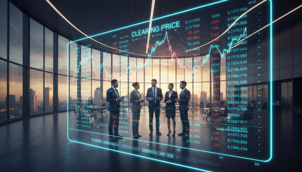 A conceptual illustration of "clearing price" in a vibrant, modern financial environment. In the foreground, a large digital display shows fluctuating cryptocurrency prices and trading graphs, glowing in shades of blue and green, symbolizing liquidity and volatility. In the middle, a diverse group of professionals in business attire discuss strategies, with expressions of focus, surrounded by holographic financial analytics and dynamic market data projections. The background features a sleek, futuristic office setting with floor-to-ceiling windows, revealing a bustling city skyline at sunset, casting warm golden light across the scene. The overall mood conveys urgency and innovation, emphasizing the importance of private price discovery in the evolving crypto market, with a perspective that evokes depth and engagement.