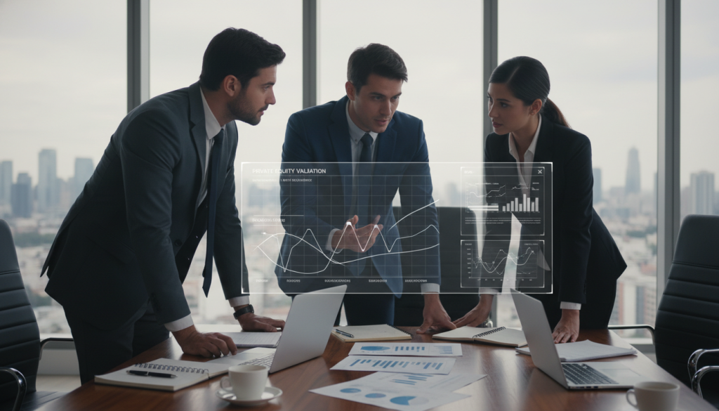 A conceptual visualization of "private market price" set in a sleek, modern office environment. In the foreground, a diverse group of three professionals in business attire is engaged in a focused discussion, analyzing market data on a transparent digital screen displaying fluctuating price graphs and trends. In the middle ground, a sophisticated conference table adorned with notebooks and laptops showcases financial reports and chart analyses, while a city skyline is visible through large windows in the background, symbolizing a dynamic marketplace. Soft, natural lighting creates an atmosphere of seriousness and professionalism, casting gentle shadows. Capture the scene using a slightly elevated angle that provides depth and detail, emphasizing collaboration and strategic decision-making in a private market context.