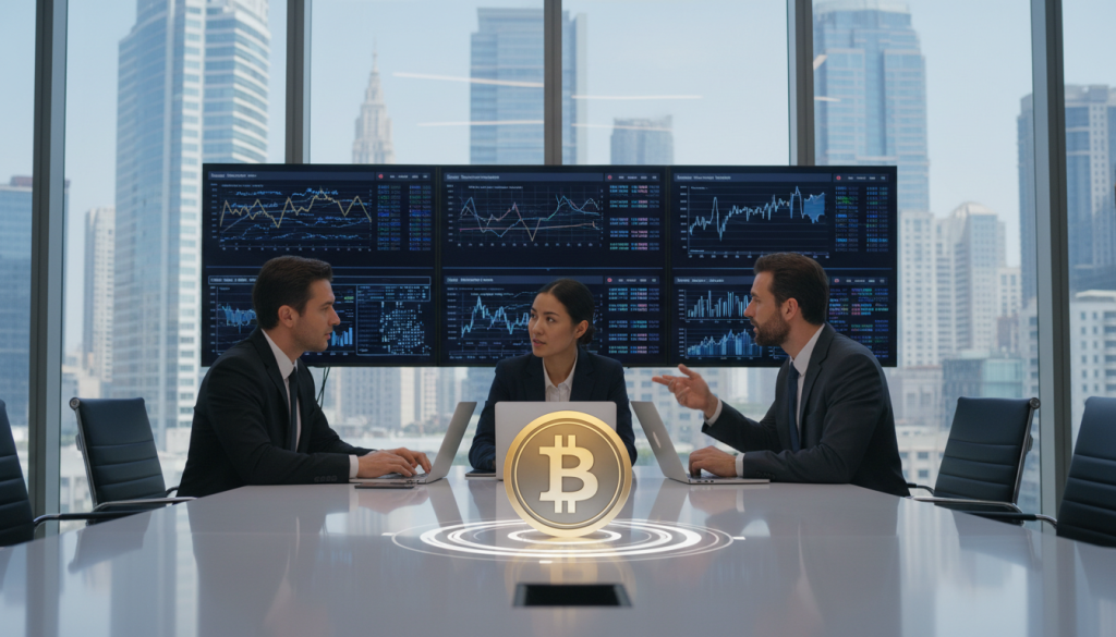 A corporate treasury office with a modern, sleek design in the foreground. A diverse group of three professionals dressed in business attire, engaged in discussion around a large, glossy conference table, with open laptops and digital asset graphs displayed on screens. In the middle, a visually striking digital currency coin prominently positioned, symbolizing the concept of coin acquisition, set against a backdrop of city skyscrapers through large glass windows. The lighting is bright and natural, creating a productive atmosphere. The angle captures the professionals’ focused expressions, showcasing the importance of corporate treasury in managing digital assets. The overall mood should be one of collaboration and innovation, emphasizing the strategic aspect of digital currency in the corporate world.