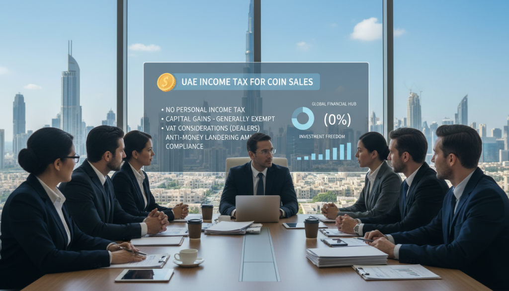A detailed and informative scene showcasing the UAE income tax landscape for individuals selling coins. In the foreground, depict a diverse group of professionals, wearing smart business attire, gathered around a modern conference table with financial documents and digital devices, engaged in discussion. In the middle, illustrate a sleek presentation screen displaying key tax statistics and graphical snapshots of the UAE tax structure, illuminated by soft, focused lighting. The background should feature a panoramic view of Dubai's iconic skyline, blending high-rise buildings with a clear blue sky, giving a vibrant and dynamic atmosphere. Ensure the image conveys a sense of professionalism and clarity, suitable for a formal article context.