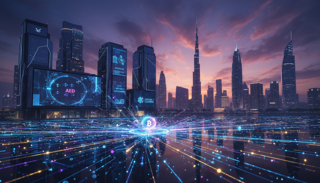 A detailed illustration depicting modern payment rails in the context of cryptocurrency, specifically for the UAE. In the foreground, visualize an interconnected network of digital nodes and glowing lines representing seamless transactions. In the middle ground, include stylized representations of traditional financial institutions, like banks, with modern buildings and digital screens showing cryptocurrency symbols. In the background, an abstract skyline of Dubai, with iconic landmarks like the Burj Khalifa, under a twilight sky enriched with vibrant colors and soft glowing lights, creating a dynamic atmosphere. The lighting should focus on the nodes and connections, giving a sense of motion and energy. Capture a professional, high-tech mood, emphasizing the importance of payment rails in the cryptocurrency landscape.