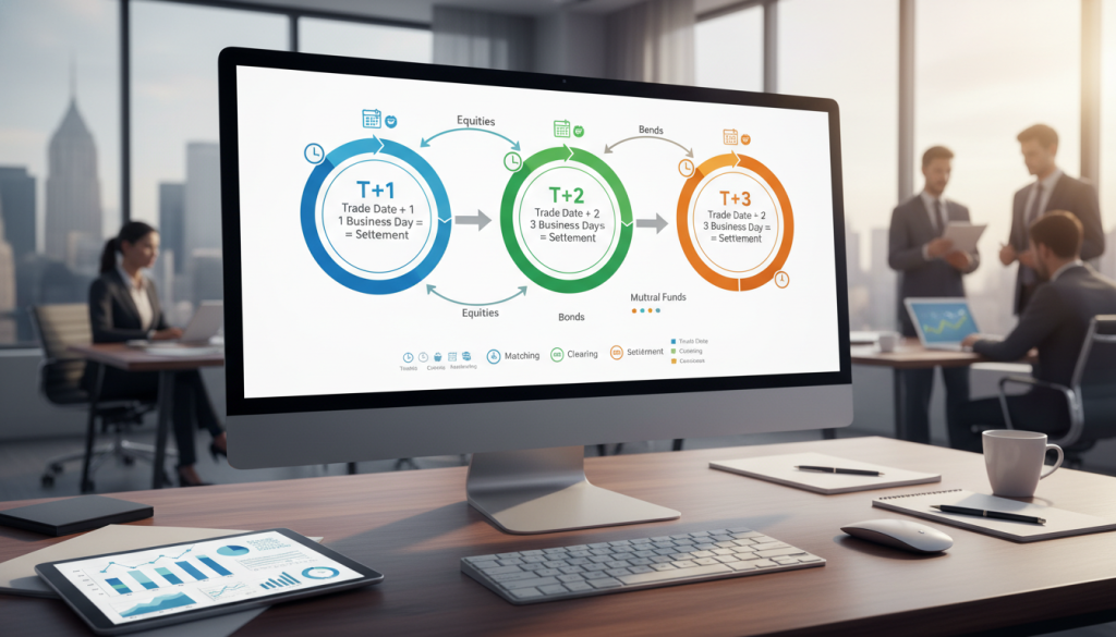 A detailed illustration depicting the concept of settlement cycles in finance, featuring a visually engaging flowchart that represents T+1, T+2, and T+3 cycles. The foreground shows a professional workspace with a sleek computer screen displaying colorful graphs and charts highlighting transaction timelines. In the middle, an infographic-style representation connects the cycles clearly, with arrows and icons indicating timeframes and processes. The background features a modern office environment with soft, diffused lighting, emphasizing productivity. Use a wide-angle lens effect to capture the whole scene, conveying a sense of clarity and organization. The overall mood should be informative and professional, suitable for an audience seeking to understand financial concepts. A detailed illustration depicting the concept of settlement cycles in finance, featuring a visually engaging flowchart that represents T+1, T+2, and T+3 cycles. The foreground shows a professional workspace with a sleek computer screen displaying colorful graphs and charts highlighting transaction timelines. In the middle, an infographic-style representation connects the cycles clearly, with arrows and icons indicating timeframes and processes. The background features a modern office environment with soft, diffused lighting, emphasizing productivity. Use a wide-angle lens effect to capture the whole scene, conveying a sense of clarity and organization. The overall mood should be informative and professional, suitable for an audience seeking to understand financial concepts.