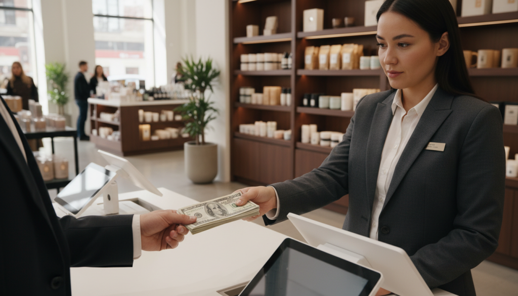 A detailed scene of a cash payment transaction in a modern retail environment. In the foreground, depict a pair of hands exchanging a stack of neatly organized cash, emphasizing crisp banknotes. In the middle ground, a professional in business attire stands at a sleek checkout counter, focused on the transaction. In the background, a softly illuminated modern store interior is visible, featuring shelves with various products and a warm, welcoming atmosphere. Use soft, natural lighting to create an inviting mood. The angle should be slightly elevated, capturing the transaction from the side, highlighting the exchange while ensuring that the setting looks dynamic and contemporary.