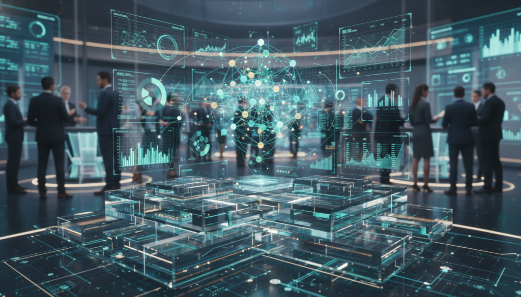 A detailed visualization of liquidity structures in private marketplaces, showcasing a dynamic scene of interconnected financial nodes represented as vibrant geometric shapes. In the foreground, place a series of sleek, transparent layers resembling glass panels, symbolizing the various liquidity structures. The middle ground should feature intricate charts and graphs, illustrating asset flows and pricing dynamics, with soft blue and green hues to indicate financial stability. The background should depict a bustling digital marketplace, with blurred figures of professionals in formal business attire discussing investment strategies under warm, ambient lighting. The overall mood should convey a sense of opportunity and innovation, capturing the intricate dance of assets in a thriving private marketplace environment. Use a wide-angle lens effect to enhance depth and perspective.