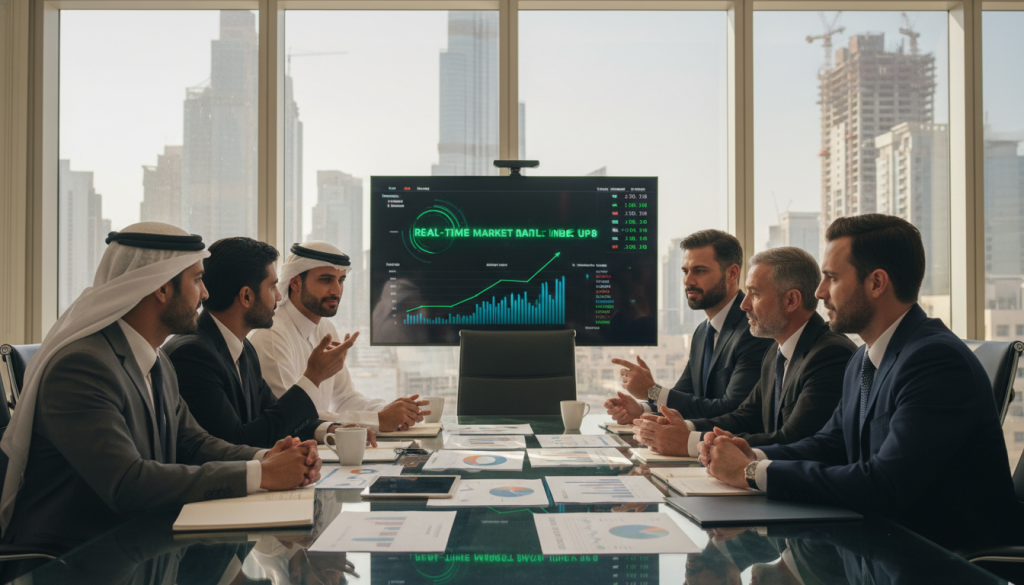 A diverse group of professional UAE investors engaged in a discussion around a sleek glass conference table, set against a backdrop of modern skyscrapers symbolizing prosperity and growth in Dubai. The foreground features charts and graphs depicting liquidity trends and market opportunities, emphasizing a dynamic financial atmosphere. Soft, natural lighting streams through large windows, casting interesting shadows and creating an inviting, optimistic ambiance. In the middle ground, a digital screen displays real-time market data, reflecting the importance of liquidity. The investors, wearing smart business attire, appear focused and engaged, fostering a sense of collaboration and insight. The overall mood conveys urgency and excitement about private market opportunities, emphasizing the significance of liquidity today.