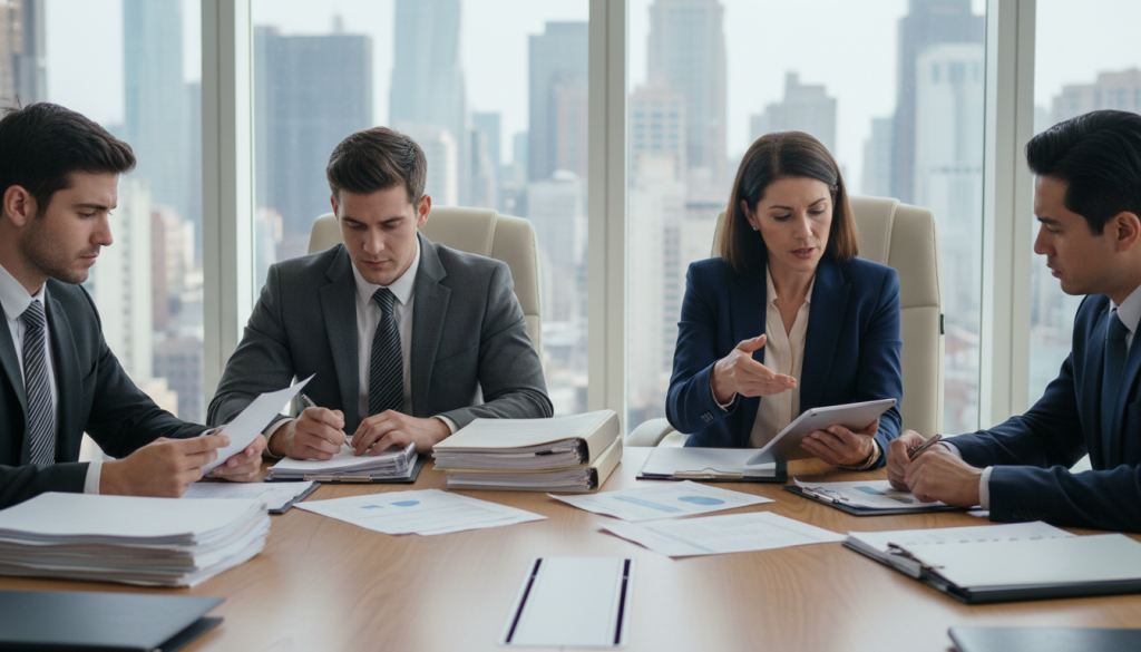 A diverse group of professionals in a bright, modern conference room, engaged in a serious discussion about high-value settlements. In the foreground, a middle-aged woman in a tailored suit gestures thoughtfully as she presents data on a tablet, while a young man in business attire closely analyzes a legal document. The middle ground features a large table cluttered with legal files, laptops, and financial reports, suggesting a high-stakes negotiation atmosphere. The background shows a large window with city skyline views, filling the room with natural light. The mood is focused and professional, with soft lighting highlighting the seriousness of the meeting. The image conveys urgency, collaboration, and the importance of navigating complex legal settlements for investors.