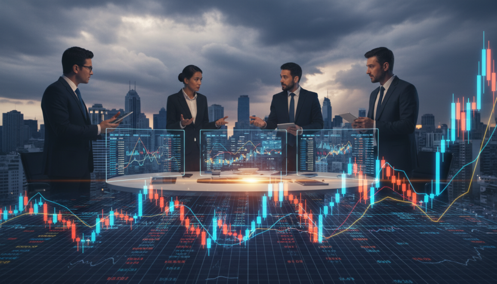 A dynamic and visually striking representation of market volatility, showcasing fluctuating stock market graphs and candlestick charts in the foreground, depicted with sharp lines and vibrant colors to symbolize the highs and lows. In the middle ground, a diverse group of professionals in business attire engage in animated discussions, surrounded by digital screens displaying market data, indicating their strategies amidst uncertainty. The background features a city skyline with dramatic cloudy skies, emphasizing a sense of unpredictability and tension. The lighting is moody and atmospheric, with contrasts highlighting the intensity of negotiations in high-stakes environments. The overall mood is one of urgency and strategic planning amidst chaos, perfectly encapsulating the essence of negotiation dynamics in volatile markets. A dynamic and visually striking representation of market volatility, showcasing fluctuating stock market graphs and candlestick charts in the foreground, depicted with sharp lines and vibrant colors to symbolize the highs and lows. In the middle ground, a diverse group of professionals in business attire engage in animated discussions, surrounded by digital screens displaying market data, indicating their strategies amidst uncertainty. The background features a city skyline with dramatic cloudy skies, emphasizing a sense of unpredictability and tension. The lighting is moody and atmospheric, with contrasts highlighting the intensity of negotiations in high-stakes environments. The overall mood is one of urgency and strategic planning amidst chaos, perfectly encapsulating the essence of negotiation dynamics in volatile markets.