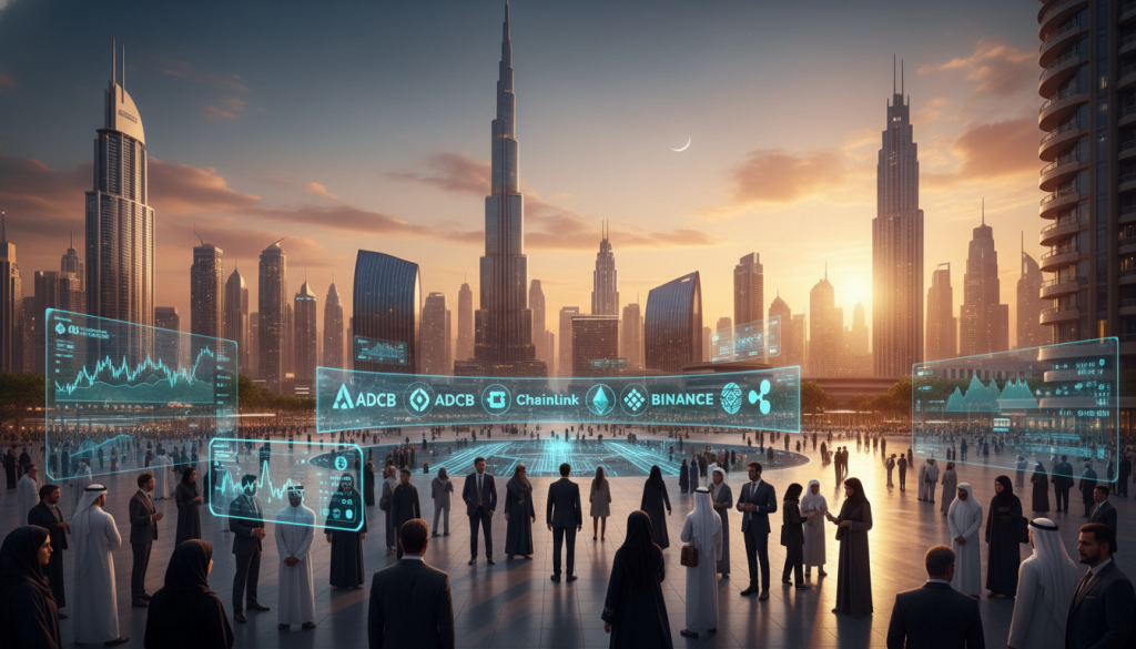 A dynamic scene depicting the UAE digital assets market, featuring a sleek, modern city skyline in the background with iconic skyscrapers like the Burj Khalifa, all bathed in warm golden hour lighting. In the foreground, a diverse group of professionals in business attire closely examines glowing holographic charts and graphs representing cryptocurrency values and market trends. The middle ground showcases a bustling marketplace of digital assets, with digital screens displaying various logos of cryptocurrency and blockchain firms. The overall atmosphere is one of innovation and progress, capturing the rapid evolution of the digital asset landscape in the UAE. The view is slightly elevated, providing a sense of perspective over the lively scene, with a hint of dusk settling in the sky, conveying optimism for the future.