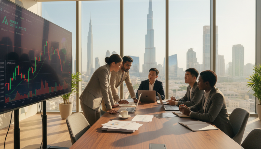 A dynamic scene of a modern office in the UAE, showcasing a diverse group of four professionals engaged in a crypto trading meeting. The foreground features a well-dressed Middle Eastern woman and a South Asian man analyzing charts on a large digital screen displaying real-time cryptocurrency data. The middle ground highlights a polished conference table with laptops, financial reports, and a coffee cup, signifying a serious business environment. In the background, large windows reveal a glimpse of Dubai's iconic skyline with skyscrapers under bright, natural sunlight. The atmosphere is collaborative and focused, enhancing the theme of secure, professional cryptocurrency transactions in a bustling financial hub. Use a wide-angle lens to capture the entire setting with warm, inviting lighting.