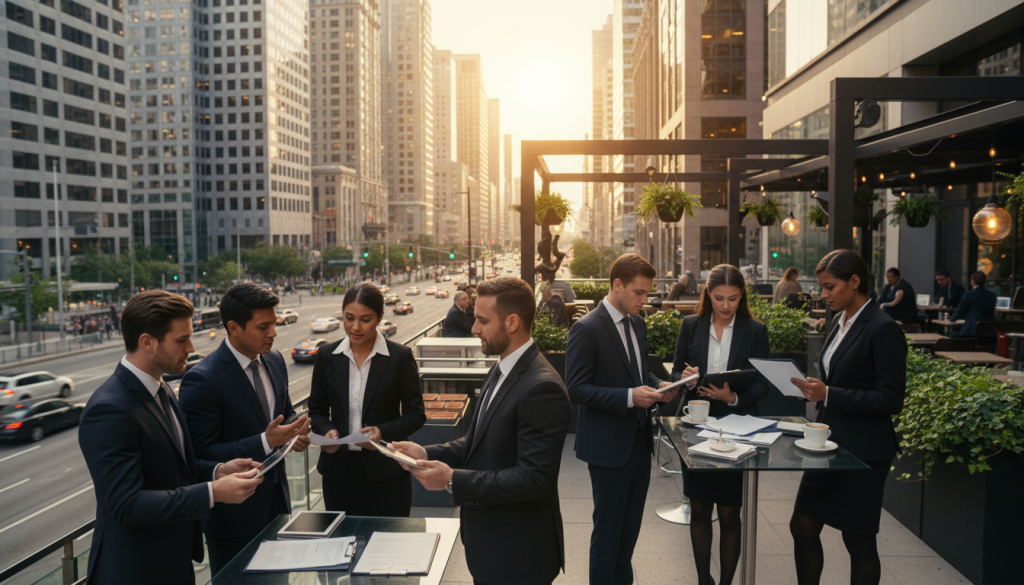A dynamic urban settlement scene showcasing modern high-rise buildings and commercial spaces in the foreground, where business professionals in smart attire engage in discussions over documents, illustrating negotiation and collaboration. In the middle ground, an outdoor café with investors reviewing financial paperwork, surrounded by greenery and decorative elements that evoke a vibrant business atmosphere. The background features a city skyline under a late afternoon sky, casting a warm, golden light onto the scene, creating an optimistic mood. Use a wide-angle lens perspective that captures the expansive environment, emphasizing the hustle and bustle of high-volume private settlements. The overall atmosphere should be professional and energetic, reflecting the complexities and opportunities within business transactions.