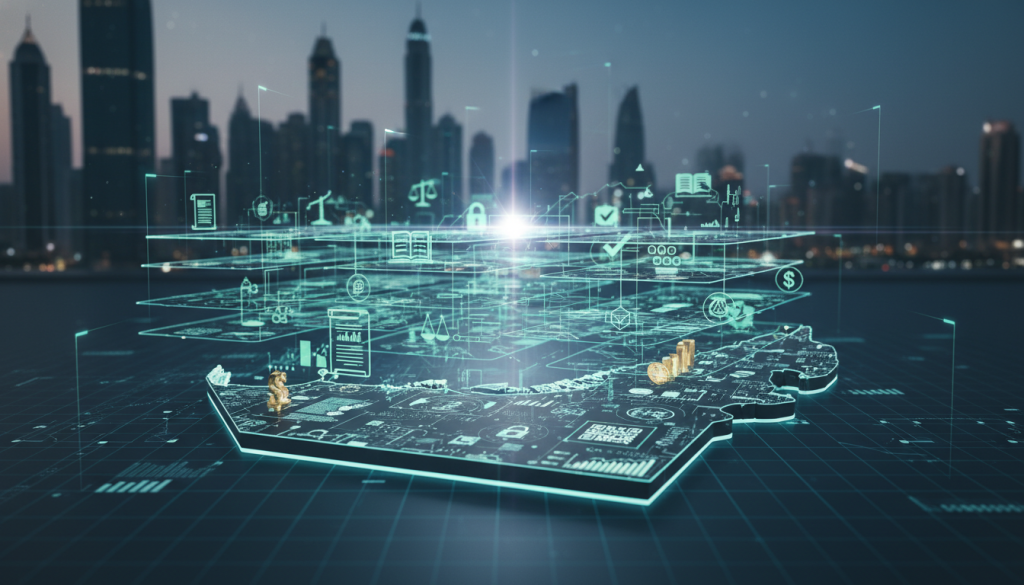 A dynamic visual representation of a multi-layered regulatory framework, featuring an abstract yet organized layout of interconnected layers symbolizing various regulations. In the foreground, a stylized 3D model of the UAE map, embellished with digital elements representing technology and finance. In the middle ground, intricately designed icons depicting legal documents, compliance symbols, and digital assets, interspersed with circuit patterns that convey a high-tech atmosphere. The background showcases a modern city skyline of Dubai, illuminated at dusk, conveying innovation and growth. Soft blue and green lighting enhances the futuristic feel, while a slight lens flare adds depth. The overall mood is one of professionalism and complexity, perfectly reflecting the intricacies of regulatory frameworks in the digital asset space.