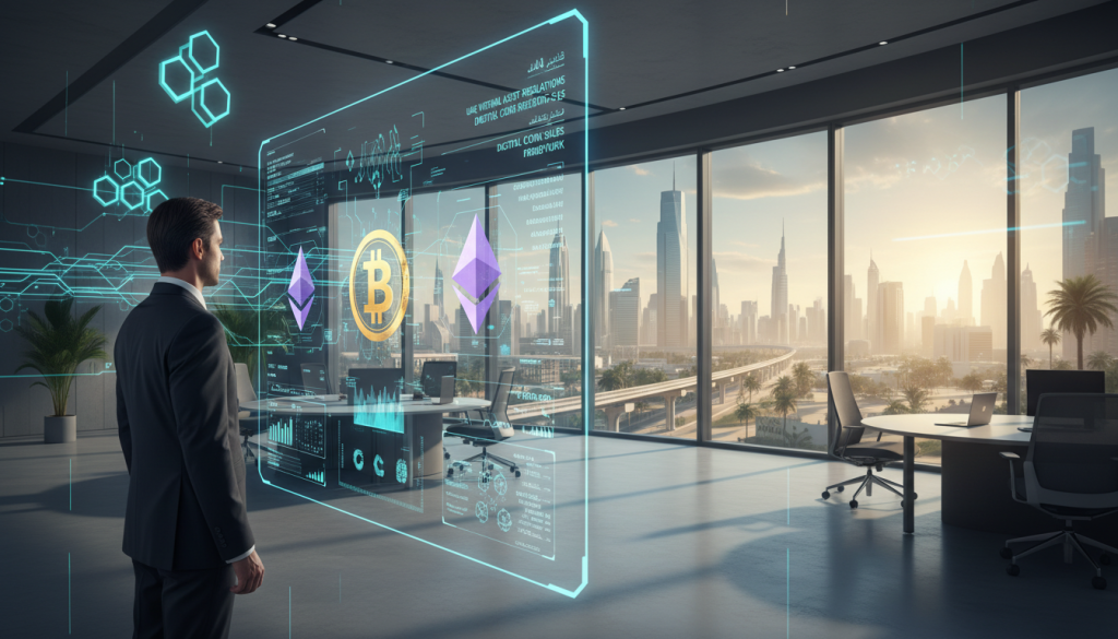 A futuristic and sleek depiction of virtual assets in the context of the UAE's regulatory framework for coin sales. In the foreground, a professional-looking business person in modest business attire, confidently examining a large, holographic display showcasing various digital coins, such as Bitcoin and Ethereum symbols. In the middle ground, a modern office environment with a panoramic view of a cityscape, skyscrapers shimmering under warm sunlight. The background features high-tech elements, like glowing data streams and symbolic representations of blockchain technology. Soft, natural lighting highlights the scene, offering a blend of professionalism and innovation, with a calm and focused atmosphere that emphasizes the importance of regulatory clarity in virtual asset transactions. A futuristic and sleek depiction of virtual assets in the context of the UAE's regulatory framework for coin sales. In the foreground, a professional-looking business person in modest business attire, confidently examining a large, holographic display showcasing various digital coins, such as Bitcoin and Ethereum symbols. In the middle ground, a modern office environment with a panoramic view of a cityscape, skyscrapers shimmering under warm sunlight. The background features high-tech elements, like glowing data streams and symbolic representations of blockchain technology. Soft, natural lighting highlights the scene, offering a blend of professionalism and innovation, with a calm and focused atmosphere that emphasizes the importance of regulatory clarity in virtual asset transactions.