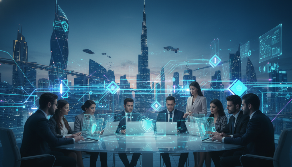 A futuristic digital landscape illustrating "crypto privacy verification." In the foreground, a diverse group of professionals in business attire engage with sleek laptops and holographic displays showcasing blockchain technology. They appear focused and collaborative, embodying innovation and trust. The middle layer features abstract representations of encrypted data streams, depicted as glowing lines connecting multiple decentralized nodes, emphasizing privacy and security. In the background, a high-tech skyline of a modern UAE city, illuminated by twilight, signifies a blend of tradition and technology. The scene is bathed in a cool, ambient blue light, creating an atmosphere of digital transformation and hope. The camera angle is slightly elevated, providing a broad view that captures the dynamic exchange and interconnectedness of the crypto community. A futuristic digital landscape illustrating "crypto privacy verification." In the foreground, a diverse group of professionals in business attire engage with sleek laptops and holographic displays showcasing blockchain technology. They appear focused and collaborative, embodying innovation and trust. The middle layer features abstract representations of encrypted data streams, depicted as glowing lines connecting multiple decentralized nodes, emphasizing privacy and security. In the background, a high-tech skyline of a modern UAE city, illuminated by twilight, signifies a blend of tradition and technology. The scene is bathed in a cool, ambient blue light, creating an atmosphere of digital transformation and hope. The camera angle is slightly elevated, providing a broad view that captures the dynamic exchange and interconnectedness of the crypto community.