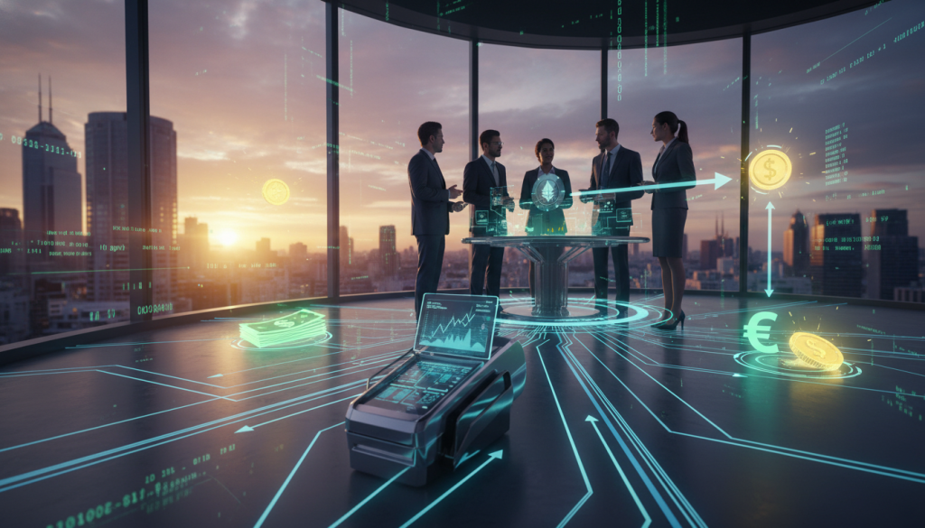 A futuristic digital landscape illustrating the concept of "crypto-to-fiat payment rails." In the foreground, prominently feature a sleek, modern terminal processing a cryptocurrency transaction, with glowing pathways connecting it to traditional fiat currency symbols like dollar bills and coins. In the middle ground, display a diverse group of professionals in business attire engaged in discussion, analyzing graphs and charts on digital screens highlighting the flow of funds. The background should reveal a city skyline at sunset, casting warm, golden lighting that enhances the atmosphere of innovation and financial evolution. Use a dynamic angle to capture both depth and the seamless integration of digital currency with traditional finance, creating a sense of movement and progress.