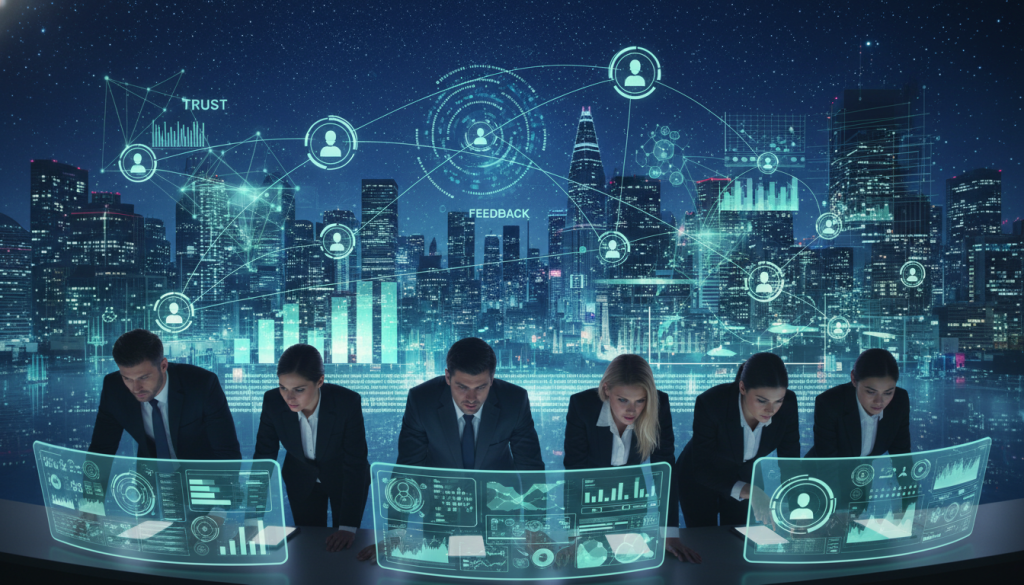 A futuristic digital landscape representing a reputation system, with a glowing network of interconnected nodes and user profiles. In the foreground, depict a diverse group of professionals in business attire analyzing data on transparent screens, expressing focus and collaboration. The middle ground features vibrant digital graphs and icons symbolizing trust, feedback, and ratings, pulsating with energy. In the background, a city skyline under a night sky filled with stars, representing the vast and interconnected world of crypto. Use cool blue tones with hints of green and white for a tech-savvy and trustworthy atmosphere. The lighting should be soft yet dynamic, highlighting the features of the professionals and the digital elements, captured from a slightly elevated angle to emphasize depth and engagement.