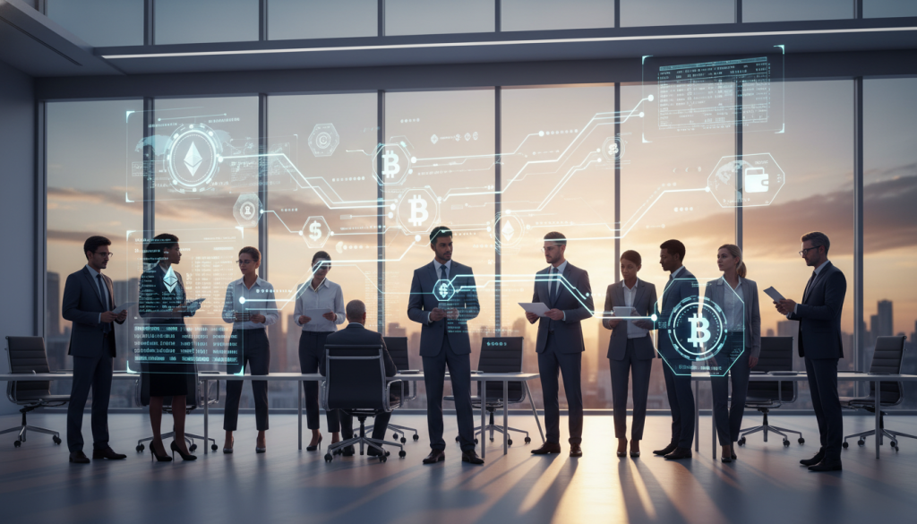 A futuristic digital payment network depicted in a sleek, modern office environment. In the foreground, a diverse group of business professionals in smart attire is gathered around a transparent touchscreen interface displaying vibrant, holographic graphics of payment transactions and cryptocurrency symbols. In the middle ground, digital pipelines and glowing nodes connect various financial icons, illustrating the flow of digital currency. The background features a city skyline visible through large glass windows, bathed in soft, natural light from a sunset, creating an atmosphere of innovation and progress. The scene captures a transition from traditional currency to digital methods, evoking a sense of movement and change in financial transactions. The composition focuses on clarity and professionalism, emphasizing the evolving nature of payment methods. A futuristic digital payment network depicted in a sleek, modern office environment. In the foreground, a diverse group of business professionals in smart attire is gathered around a transparent touchscreen interface displaying vibrant, holographic graphics of payment transactions and cryptocurrency symbols. In the middle ground, digital pipelines and glowing nodes connect various financial icons, illustrating the flow of digital currency. The background features a city skyline visible through large glass windows, bathed in soft, natural light from a sunset, creating an atmosphere of innovation and progress. The scene captures a transition from traditional currency to digital methods, evoking a sense of movement and change in financial transactions. The composition focuses on clarity and professionalism, emphasizing the evolving nature of payment methods.
