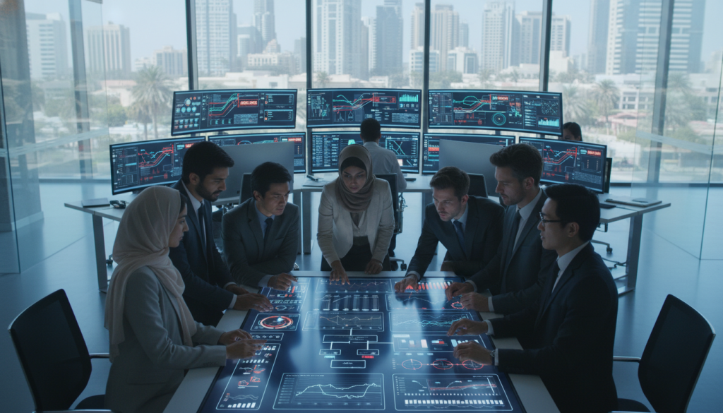 A high-tech fraud detection system integrated within a modern office setting in the UAE, highlighting screens displaying intricate data visualizations: graphs, patterns, and alerts about fraudulent activities. In the foreground, a diverse team of professionals in business attire, including an Arab woman with a hijab and men of various ethnicities, collaborate over a large digital touchscreen, analyzing data. In the middle, sleek computer monitors showcase real-time transaction analysis, with glowing interface elements indicating suspicious activity. The background features a contemporary office space with large windows, revealing a city skyline under bright daylight. The atmosphere conveys a sense of urgency and focus, with cool lighting emphasizing the technological aspects. Capture the scene from a slightly elevated angle to provide depth and perspective on the teamwork and digital displays. A high-tech fraud detection system integrated within a modern office setting in the UAE, highlighting screens displaying intricate data visualizations: graphs, patterns, and alerts about fraudulent activities. In the foreground, a diverse team of professionals in business attire, including an Arab woman with a hijab and men of various ethnicities, collaborate over a large digital touchscreen, analyzing data. In the middle, sleek computer monitors showcase real-time transaction analysis, with glowing interface elements indicating suspicious activity. The background features a contemporary office space with large windows, revealing a city skyline under bright daylight. The atmosphere conveys a sense of urgency and focus, with cool lighting emphasizing the technological aspects. Capture the scene from a slightly elevated angle to provide depth and perspective on the teamwork and digital displays.