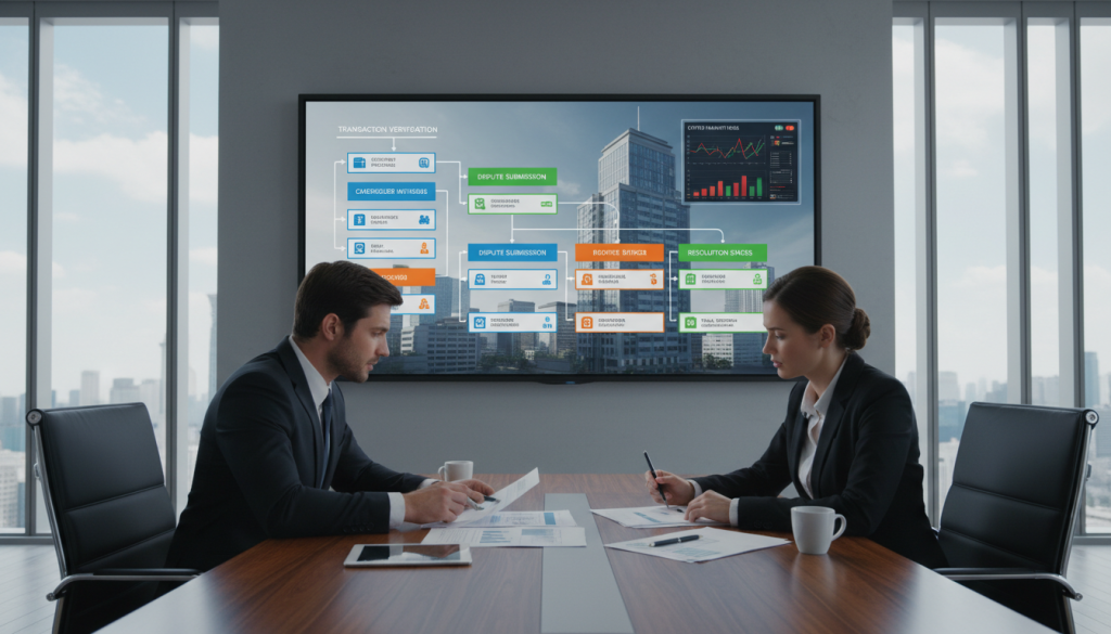 A highly detailed infographic illustrating the chargeback process. In the foreground, a professional businessman and businesswoman in business attire are seated at a conference table, reviewing documents. In the middle ground, flowcharts depict key steps of the chargeback process: transaction verification, dispute submission, and resolution stages, with arrows connecting each phase. The background features a sleek, modern office environment with large windows that allow natural light to pour in, casting soft shadows. A digital screen displays graphs related to cryptocurrency payment risks, emphasizing the focus of the section. The overall mood is professional, serious, and informative, designed to convey clarity and responsibility in financial transactions.
