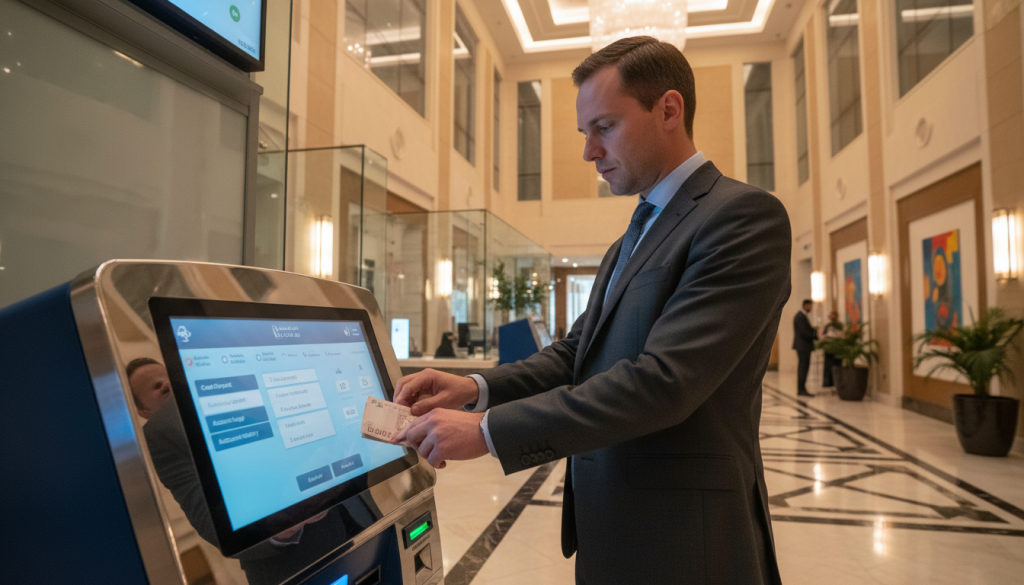 A modern bank interior in the UAE, featuring a sleek cash deposit machine prominently in the foreground. The machine is adorned with a digital interface displaying options for cash deposits. In the middle ground, a professional individual in business attire is interacting with the machine, showcasing the process of depositing cash. Soft, ambient lighting illuminates the space, creating a warm and inviting atmosphere. The background includes elegant architectural elements typical of UAE banks, such as high ceilings and glass partitions. The overall mood conveys a sense of security and innovation within the financial system, emphasizing the importance of cash deposits in the UAE. Use a slight angle to capture both the machine and the individual in focus, enhancing the sense of detail and professionalism.