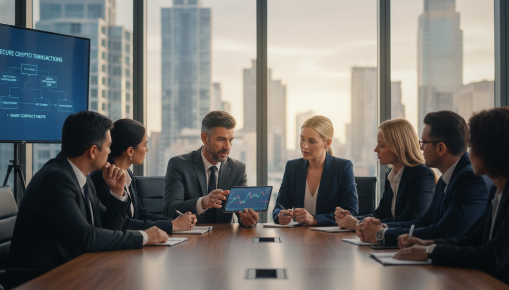 A modern conference room setting with a large, sleek wooden table at the foreground, surrounded by diverse professionals in business attire actively discussing. The focus is on a middle-aged man pointing at a digital tablet with cryptocurrency graphs, while a woman, taking notes, looks attentively. In the background, large windows reveal a cityscape under soft daylight, casting a warm glow over the room. The ambiance is collaborative and focused, with soft lighting accentuating the expressions of concentration on the participants’ faces. A projector in the corner displays charts indicating safety practices in cryptocurrency transactions. The overall mood is professional, emphasizing preparation and strategy in a secure meeting environment. A modern conference room setting with a large, sleek wooden table at the foreground, surrounded by diverse professionals in business attire actively discussing. The focus is on a middle-aged man pointing at a digital tablet with cryptocurrency graphs, while a woman, taking notes, looks attentively. In the background, large windows reveal a cityscape under soft daylight, casting a warm glow over the room. The ambiance is collaborative and focused, with soft lighting accentuating the expressions of concentration on the participants’ faces. A projector in the corner displays charts indicating safety practices in cryptocurrency transactions. The overall mood is professional, emphasizing preparation and strategy in a secure meeting environment.