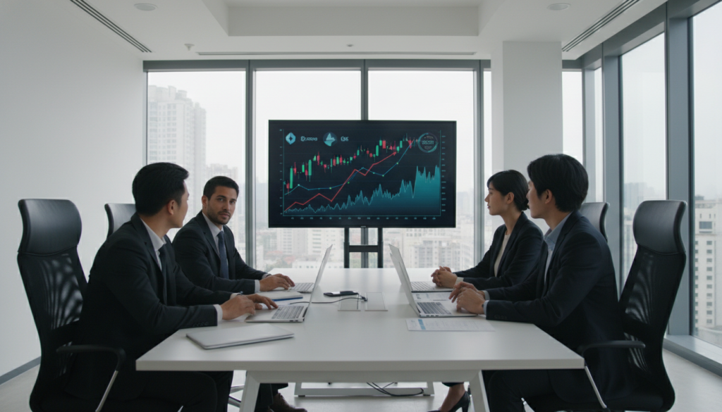 A modern corporate treasury office filled with sleek, high-tech equipment and financial charts. In the foreground, a diverse group of professionals in business attire are discussing strategies, with a large digital screen displaying cryptocurrency trends and a graph highlighting significant spikes in corporate treasury management. In the middle, a stylish conference table is adorned with laptops and financial reports. The background features large windows with a city skyline, bathed in bright natural light, creating an atmosphere of innovation and strategy. The overall mood is focused and dynamic, emphasizing the importance of modern financial solutions in corporate treasury functions. The image is captured with a wide-angle lens to enhance the sense of depth and engagement.
