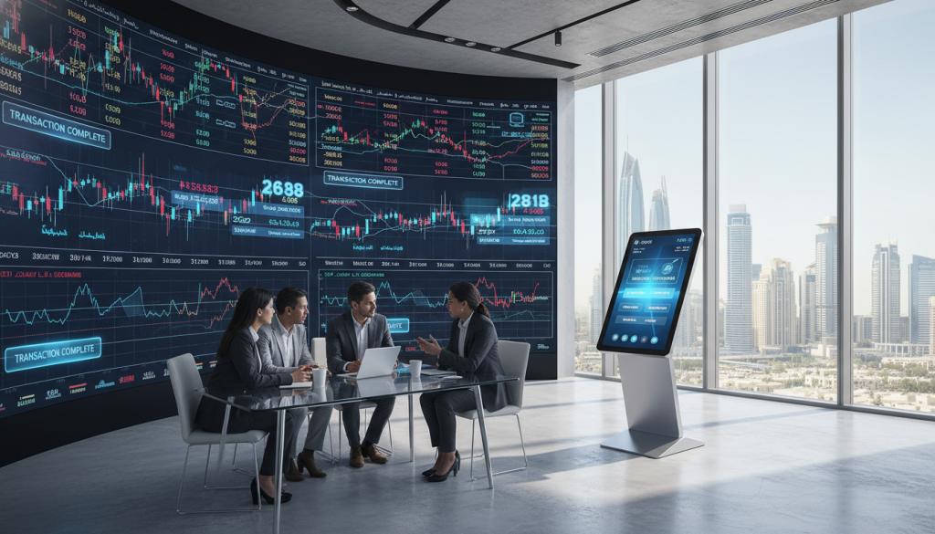 A modern digital bank office interior showcasing a large screen display of fluctuating financial data and instant payment notifications. In the foreground, a diverse group of professionals in business attire, engaged in a discussion around a sleek glass table, with expressions of confidence and focus. In the middle ground, a futuristic touch-screen kiosk offers easy access to funds, glowing softly to emphasize its functionality. The background features floor-to-ceiling windows revealing a panoramic view of Dubai's skyline under bright daylight, symbolizing fast-paced financial services. The atmosphere is energetic and forward-looking, enhanced by a crisp, natural light pouring in, casting soft shadows for depth. Use a wide-angle lens perspective to capture the vibrant dynamics of modern finance in the UAE. A modern digital bank office interior showcasing a large screen display of fluctuating financial data and instant payment notifications. In the foreground, a diverse group of professionals in business attire, engaged in a discussion around a sleek glass table, with expressions of confidence and focus. In the middle ground, a futuristic touch-screen kiosk offers easy access to funds, glowing softly to emphasize its functionality. The background features floor-to-ceiling windows revealing a panoramic view of Dubai's skyline under bright daylight, symbolizing fast-paced financial services. The atmosphere is energetic and forward-looking, enhanced by a crisp, natural light pouring in, casting soft shadows for depth. Use a wide-angle lens perspective to capture the vibrant dynamics of modern finance in the UAE.