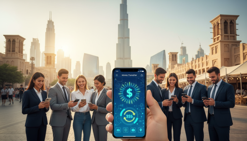 A modern digital cash transfer scene set in a vibrant UAE cityscape. In the foreground, a smartphone displays a money transfer app interface with vibrant icons representing instant transactions—like a dollar sign and arrows indicating movement. In the middle ground, a diverse group of professionally dressed individuals, including men and women, engage in conversation while holding smartphones, symbolizing the connectivity and convenience of local transfers. The background showcases iconic UAE architecture, such as the Burj Khalifa and traditional markets, under a bright, sunny sky, reflecting a sense of innovation and cultural harmony. The lighting is warm and inviting, creating a sense of trust and efficiency in financial transactions, with a focus on technology in a lively urban setting.