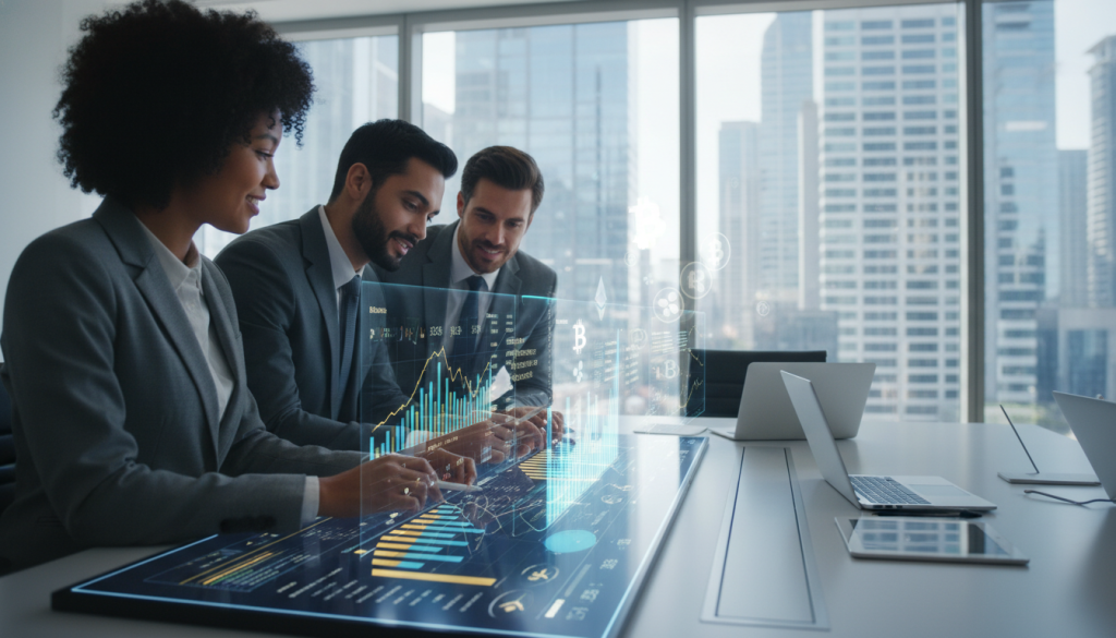 A modern digital payment settlement scene set in a bright, sleek office environment. In the foreground, a diverse group of professionals in smart business attire, including a woman and two men, are engaged in a discussion over a large digital screen displaying colorful graphs and transaction data. The middle layer features a stylish conference table with laptops and digital devices, while holographic displays of cryptocurrency logos float above. In the background, large windows reveal a bustling city skyline under bright daylight, emphasizing a sense of innovation and progress. Soft, focused lighting highlights the expressions of concentration and collaboration among the team, creating a mood of efficiency and technological advancement. The angle is slightly elevated to capture the entire scene in a dynamic composition.