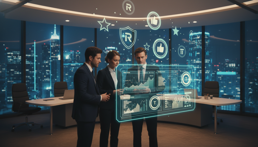 A modern digital workspace filled with vibrant graphics and symbols representing various reputation systems in cryptocurrency. In the foreground, a diverse group of three professionals dressed in smart business attire is engaged in animated discussion, analyzing interactive charts and metrics on a large screen. The middle layer features floating icons of stars, badges, and thumbs-up symbols, each representing aspects of reputation and trust. The background shows a sleek futuristic cityscape with blue and green LED lights, symbolizing innovation and technology in the crypto world. Soft, diffused lighting creates an optimistic and engaging mood. The camera angle is slightly elevated, giving a dynamic perspective of collaboration and exploration in reputation systems.