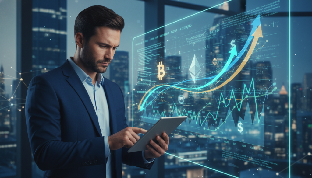 A modern office scene depicting a flow of cryptocurrency transactions, creatively illustrating "cash flow". In the foreground, a professional in business attire analyzes digital financial data on a sleek tablet, with expressions of focus and determination. The middle ground features a digital screen displaying dynamic graphs, arrows, and currency symbols representing fast-moving crypto transactions. The background shows a panoramic view of a futuristic city skyline, with soft blue and green lighting to suggest innovation and technology. The atmosphere is one of urgency and efficiency, highlighting the importance of settlement speed in digital finance. Use a wide-angle lens to capture the depth of the office setting, with a soft focus on the background to emphasize the foreground activity.