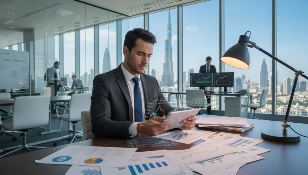 A modern office setting focused on a well-dressed business professional analyzing cryptocurrency data on a digital tablet. In the foreground, a sleek black wooden desk is cluttered with charts, graphs, and digital currencies displayed on screens. A subtle glow from the desk lamp highlights the thoughtful expression of the buyer. In the middle ground, large windows reveal a skyline of Dubai, showcasing iconic skyscrapers under a clear blue sky. The background captures an atmosphere of professionalism and innovation, hinting at the themes of private coin sales and investment strategy. The lighting is bright and inviting, emphasizing a mood of opportunity and focus. The composition should be shot at eye level, using a wide-angle lens to create depth.