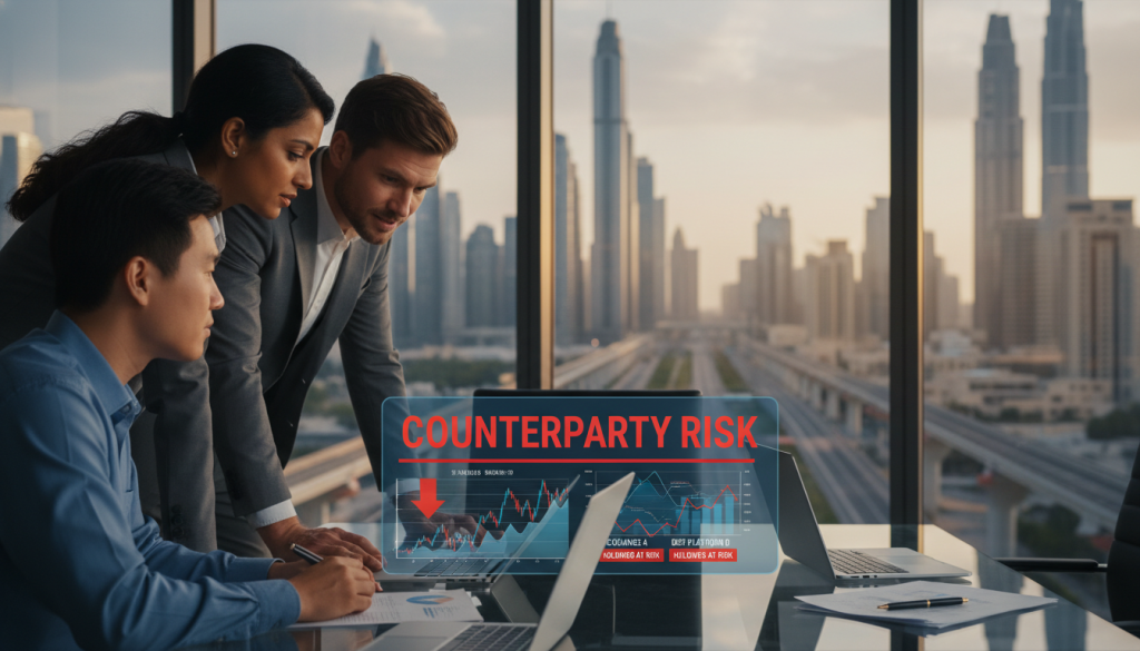 A modern office setting, illustrating "counterparty risk" in crypto investments. In the foreground, a diverse group of three professional individuals in business attire—one woman, two men—are engaged in a focused discussion over a digital tablet, displaying financial data and crypto currency charts. The middle ground features a sleek glass conference table with laptops and papers on it, emphasizing an analytical environment. In the background, large windows reveal a futuristic city skyline of the UAE, symbolizing the vibrant financial ecosystem. Soft, natural light filters through, creating an optimistic atmosphere. The image conveys a sense of collaboration, diligence, and the importance of verification in crypto investments.