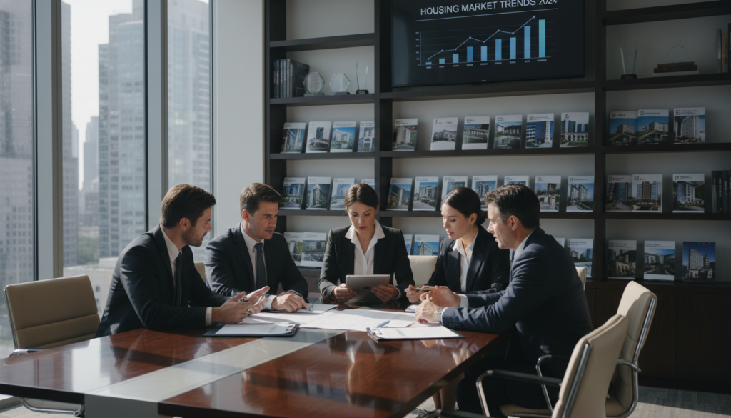 A modern real estate office interior, focusing on a sleek conference table surrounded by professionals in business attire engaged in a discussion. In the foreground, a diverse group is analyzing property documents and discussing escrow agreements, displaying expressions of concentration and collaboration. The middle ground features a large window showcasing an urban skyline, hinting at potential investments outside. In the background, shelves filled with property brochures and awards, along with a wall-mounted screen displaying graphs on housing market trends, create a sophisticated atmosphere. Soft natural light filters in through the window, casting gentle shadows and enhancing the professional ambiance. The overall mood is focused and optimistic, capturing the essence of professionalism and trust in real estate transactions.