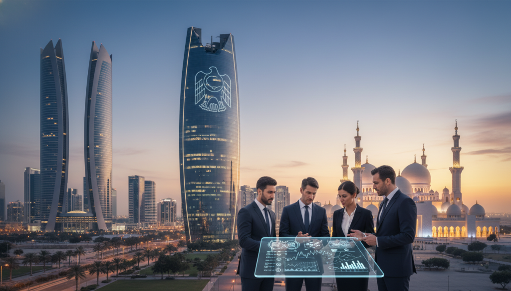A modern skyline view of Abu Dhabi, showcasing iconic buildings like the Etihad Towers and the Sheikh Zayed Grand Mosque under clear blue skies. In the foreground, a diverse group of professional individuals in business attire engage in a dynamic discussion around a digital tablet displaying cryptocurrency graphics, symbolizing the focus on crypto regulations. The middle ground reveals a sleek glass building etched with the emblematic design of the UAE, reflecting technological advancement and innovation. The background features a vibrant sunset casting warm golden and orange hues, creating a hopeful and futuristic atmosphere. Soft, warm lighting emphasizes the seriousness of the topic while maintaining an engaging ambience. The angle is slightly elevated, capturing the grandeur of the city and the essence of a thriving crypto jurisdiction.