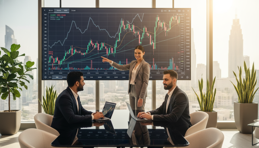 A modern, sleek office environment in the UAE, featuring a large, illuminated screen displaying real-time cryptocurrency trading charts and analytics. In the foreground, a diverse group of three professionals—two men and one woman—dressed in smart business attire, are intently discussing strategies and analyzing data on their laptops. The man's expressions convey confidence and expertise, while the woman points at the screen, highlighting key trends. The middle ground showcases elegant office furniture and plants, contributing to a professional atmosphere. In the background, large windows reveal a stunning view of the Dubai skyline under bright, natural lighting, casting a warm glow throughout the scene. The overall mood conveys innovation, professionalism, and a commitment to secure crypto trading practices.