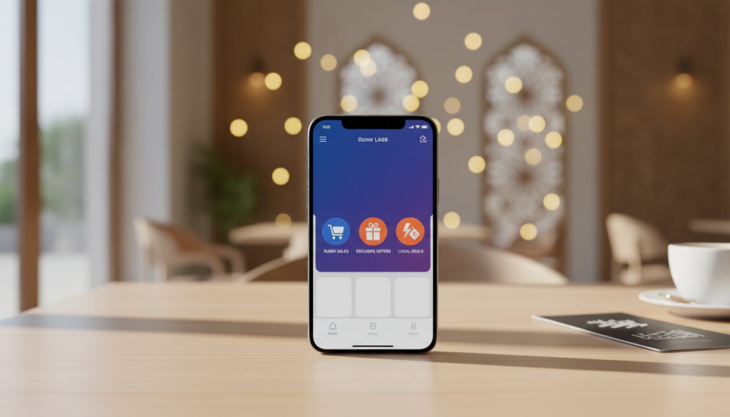 A modern smartphone prominently displayed in the foreground, resting on a sleek wooden desk. The phone's screen showcases a vibrant mobile app interface featuring icons representing direct deals and discounts. In the middle, there's a blurred backdrop of an upscale UAE coffee shop, with subtle hints of local architecture visible through circular bokeh lighting, creating a warm and inviting atmosphere. Soft, natural light filters in from a nearby window, casting gentle shadows that enhance the elegance of the scene. The overall mood is one of innovation and opportunity, capturing the essence of direct deals in the dynamic UAE market.
