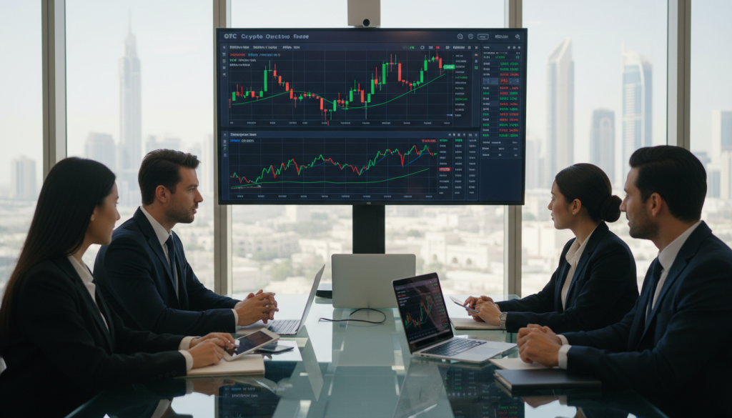 A modern, sophisticated OTC crypto trading desk in a sleek office environment, focusing on a large digital screen displaying real-time cryptocurrency exchange rates and charts. In the foreground, a diverse group of professionals in business attire, engaged in a strategic discussion, with one person using a tablet to analyze data. The middle of the image features a stylish glass conference table with laptops and digital devices, showing graphs and market trends. The background reveals a panoramic view of a bustling UAE skyline under bright sunlight, reflecting the vibrancy of the crypto market. Soft, natural lighting illuminates the space, creating a focused yet dynamic atmosphere, with a shallow depth of field that highlights the participants while softly blurring the outside cityscape.