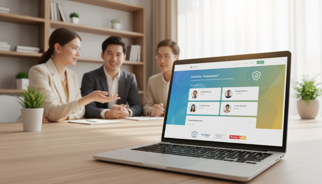 A modern, visually appealing website interface showcasing various trust signals, prominently featuring elements like security badges, customer testimonials, and trust seals. In the foreground, focus on a polished laptop displaying a colorful, intuitive website layout. The middle ground includes blurred, professional individuals discussing the site’s features, dressed in smart casual attire, exuding confidence and approachability. In the background, a softly lit office environment with shelves of books and green plants creates a sense of trust and professionalism. The overall atmosphere is warm and inviting, emphasizing themes of reliability and trustworthiness. Utilize soft, natural lighting to enhance the inviting mood, and capture the scene using a slightly elevated angle to provide depth and context.