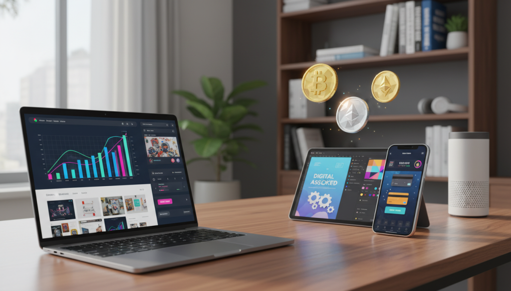 A modern workspace showcasing various digital products in vibrant detail. In the foreground, a sleek laptop displays colorful graphs and a website interface, suggesting online sales activity. Beside it, a smartphone shows a digital wallet app, and an abstract representation of cryptocurrency coins floats above. The middle ground features a stylish desk with a tablet displaying e-books and a digital design software interface, emphasizing the variety of digital assets. In the background, a soft-focus shelf holds books on digital marketing and entrepreneurship, creating a professional vibe. The lighting is bright and airy, enhancing the tech-savvy atmosphere, while a wide-angle lens captures the dynamic arrangement of products, conveying innovation and professionalism. The mood is optimistic and forward-thinking, perfect for an article about selling digital assets.