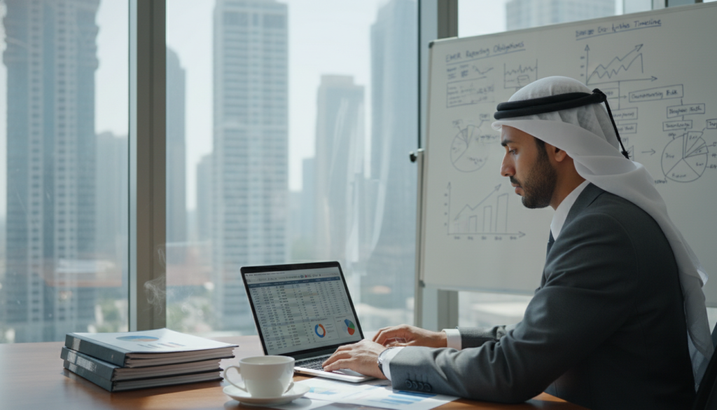 A professional Emirati businessperson, dressed in a smart business suit and traditional headdress, is sitting at a modern office desk, attentively reviewing financial reports on a laptop. The foreground features a sleek desk with a stack of documents and a cup of coffee. In the middle ground, a large window shows a bustling city skyline during daylight, with skyscrapers reflecting sunlight, suggesting a vibrant economic environment. The background includes a whiteboard filled with graphs and flowcharts relevant to EMIR reporting obligations. Soft, natural lighting illuminates the scene, creating a serious yet focused atmosphere, capturing the essence of compliance and financial oversight in regional markets. The angle is slightly elevated, allowing a clear view of both the Emirati professional and the workspace.