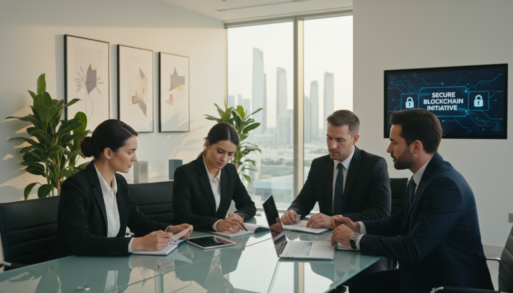 A professional business meeting scene set in a modern, well-lit conference room in the UAE. In the foreground, a group of four diverse individuals in professional business attire—two men and two women—are engaged in a discussion around a sleek, glass conference table. They are reviewing documents and using a laptop, with focused expressions that reflect a serious yet collaborative atmosphere. In the middle ground, a large window shows a glimpse of the iconic UAE skyline, bathed in warm, natural light, enhancing the professionalism of the setting. The background features contemporary decor, potted plants, and minimalist artwork, creating an inviting and secure ambiance ideal for discussing cryptocurrency safety practices. The image captures a mood of trust and diligence, emphasizing the importance of safe meeting practices. A professional business meeting scene set in a modern, well-lit conference room in the UAE. In the foreground, a group of four diverse individuals in professional business attire—two men and two women—are engaged in a discussion around a sleek, glass conference table. They are reviewing documents and using a laptop, with focused expressions that reflect a serious yet collaborative atmosphere. In the middle ground, a large window shows a glimpse of the iconic UAE skyline, bathed in warm, natural light, enhancing the professionalism of the setting. The background features contemporary decor, potted plants, and minimalist artwork, creating an inviting and secure ambiance ideal for discussing cryptocurrency safety practices. The image captures a mood of trust and diligence, emphasizing the importance of safe meeting practices.