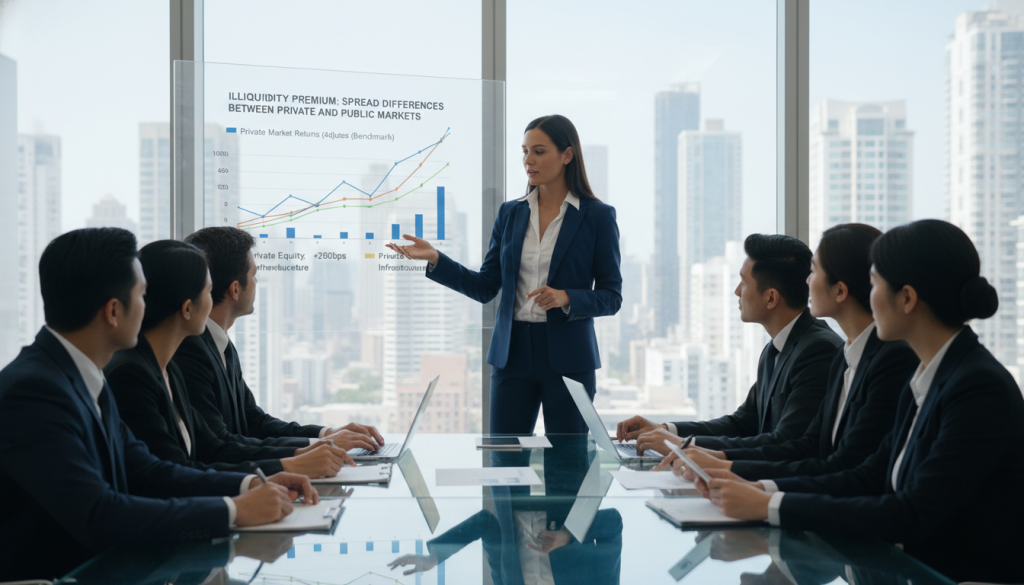 A professional business meeting taking place in a modern conference room, with a diverse group of professionals engaged in discussion. In the foreground, a confident woman in a smart business suit gestures towards a digital screen displaying a complex chart featuring spread differences between private markets and public markets. In the middle, a diverse set of colleagues, both men and women, are seated around a sleek glass table, analyzing data on laptops and notepads. The background features a large window with a city skyline view, illuminated by natural light. The atmosphere is focused and collaborative, conveying a sense of seriousness and professionalism while exploring the intricacies of illiquidity premiums in private markets.