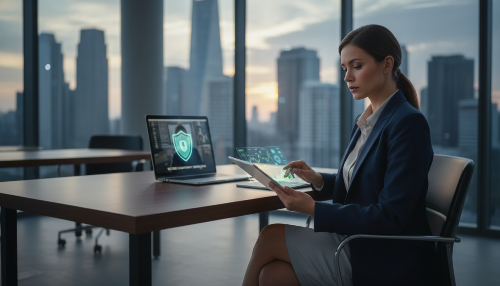 A professional business setting with a focus on verifying counterparty risk in crypto investments. In the foreground, a confident businesswoman in professional attire sits at a sleek desk, examining a digital tablet with financial graphs displayed. In the middle, a blurred out view of another desk with a laptop open to a video call with a counterparty, showcasing secured communication. The background features a modern office space with large windows displaying a city skyline, letting in natural light that creates a warm atmosphere. The mood conveys diligence and professionalism, emphasizing careful assessment and trustworthiness. Use soft, even lighting to avoid harsh shadows and maintain focus on the subjects. Capture from a slightly elevated angle to give depth to the workspace and convey a sense of analysis and decision-making.