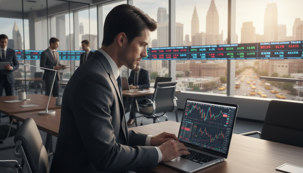 A professional cryptocurrency trading scene depicting OTC (Over-The-Counter) transactions. In the foreground, show a businessperson in a tailored suit, intensely analyzing trade data on a laptop, with charts and market graphs displayed on the screen. The middle ground features a modern office environment, including sleek furniture and an electronic ticker displaying real-time cryptocurrency prices and news. In the background, a large window reveals a bustling cityscape, suggesting a vibrant financial district. The lighting is warm yet focused, creating a productive atmosphere. Use a slightly elevated angle to capture the entire scene, emphasizing the serious nature of high-stakes trading and the professional ambiance.